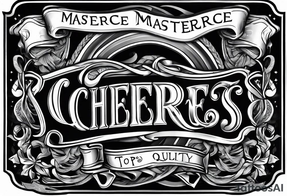 "Cheers Mate" text black and grey ink armband +abstract +grey Cancer Ribbon tattoo idea