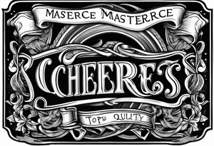 "Cheers Mate" text black and grey ink armband +abstract +grey Cancer Ribbon tattoo idea