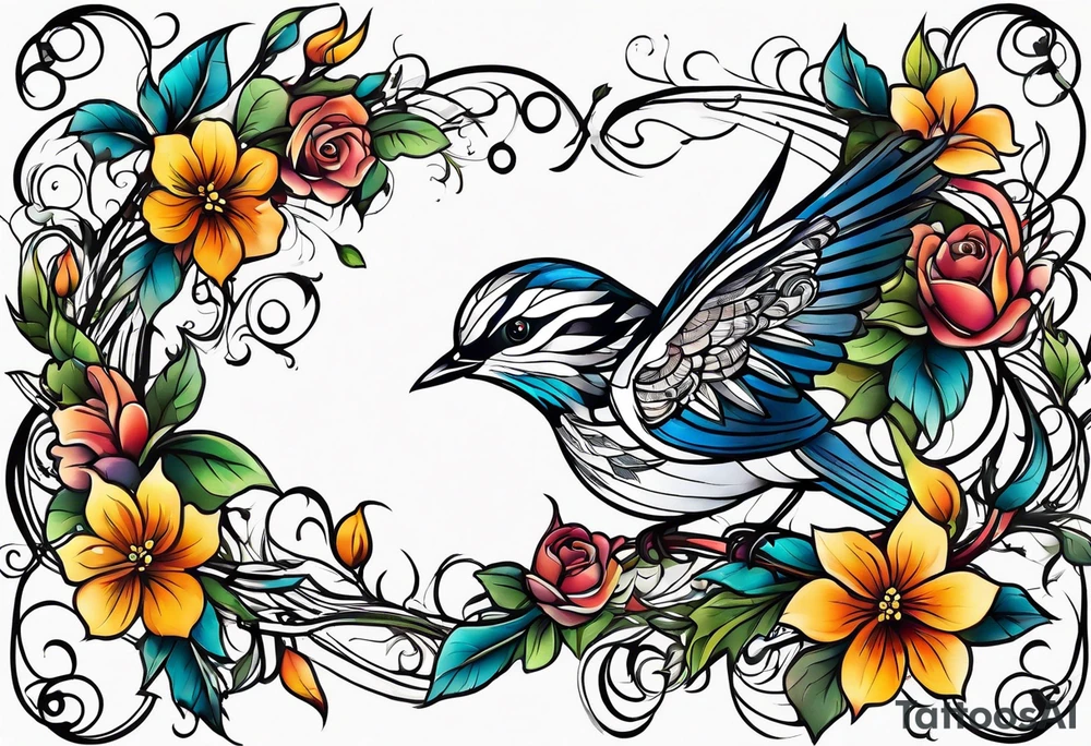 Thin line birds and vines tattoo idea
