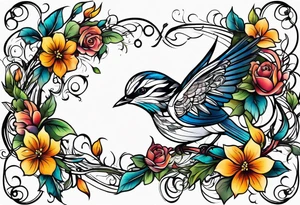 Thin line birds and vines tattoo idea