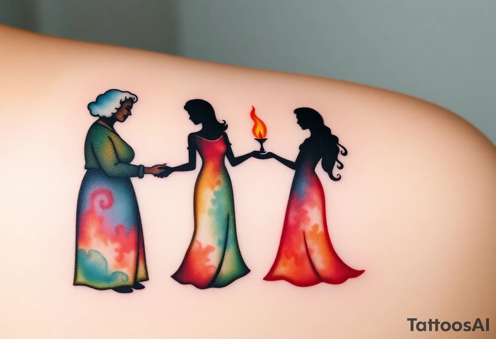 Silhouette of grandmother, mother and daughter passing a flame from oldest to youngest with the flame growing as it goes. tattoo idea