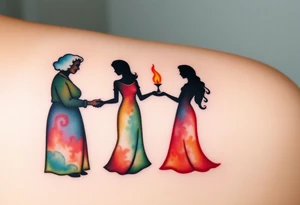 Silhouette of grandmother, mother and daughter passing a flame from oldest to youngest with the flame growing as it goes. tattoo idea