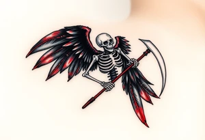 A winged skeleton clutching a scythe, its wings composed of intertwined black and blood-red feathers with highlights of dark orange at the edges. tattoo idea