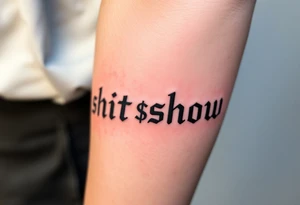 "Shit show” in times new Roman font with a dollar sign replacing one of the letters tattoo idea