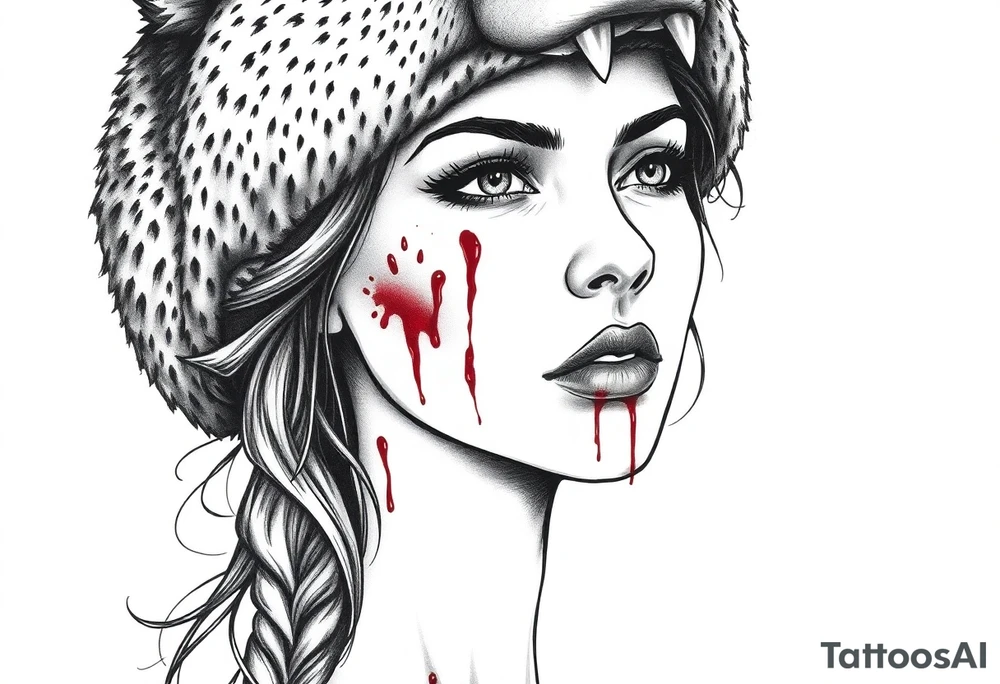 Beautiful Woman with battle scars and blood on face wearing dead bear on head tattoo idea