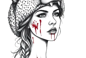 Beautiful Woman with battle scars and blood on face wearing dead bear on head tattoo idea