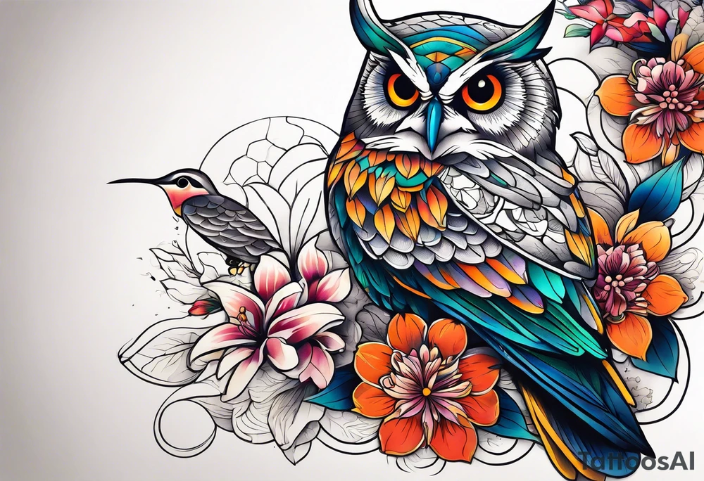 Owl, hummingbird, flowers tattoo idea
