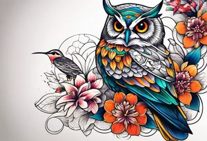 Owl, hummingbird, flowers tattoo idea