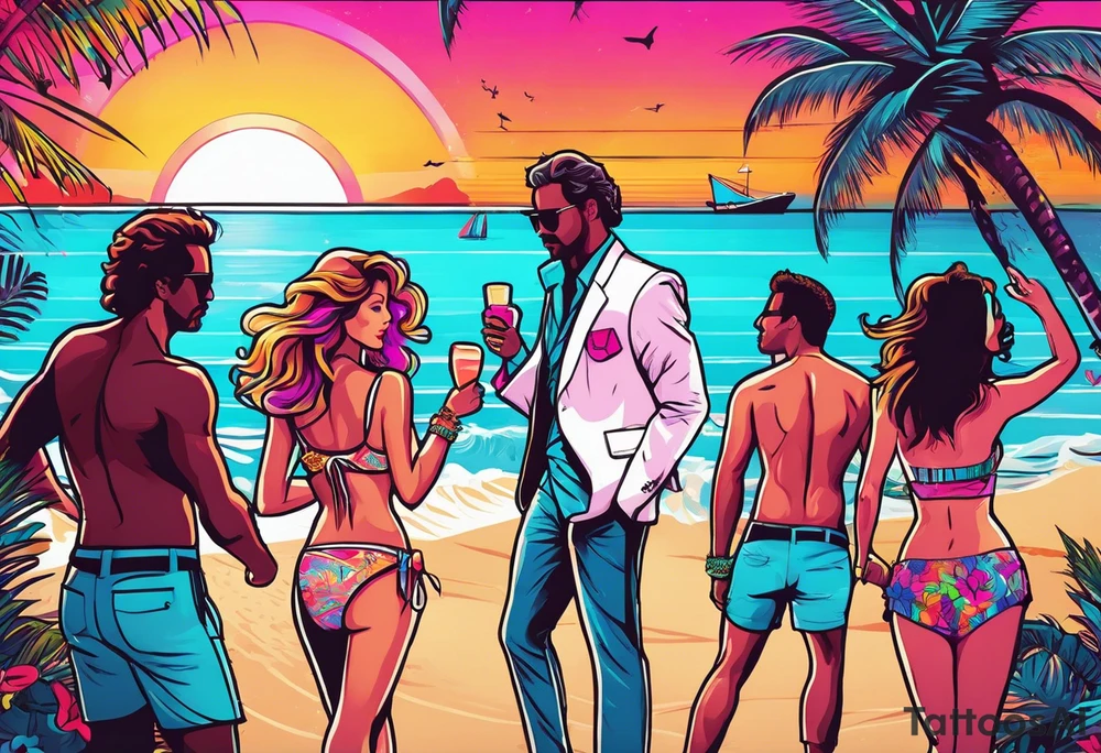 1980's miami vice style beach dance 
party, include confetti, music notes, boom box, bikinis sunset in the center tattoo idea