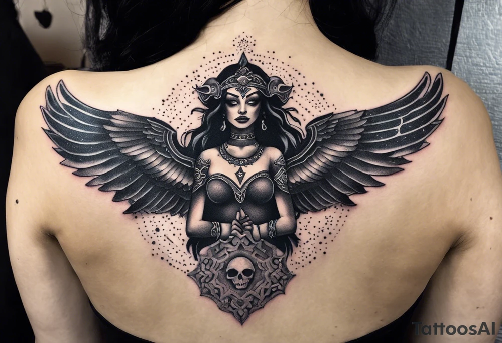 black kali, goddess pirate, alien, angel, pachamama, valkrye, warrior, flying, skull, lotus azul, wing, eagle, zenza resonance, stars, 5D, anahata chakra, death, durga, riding on a tiger, flying lady, chest tatoo tattoo idea