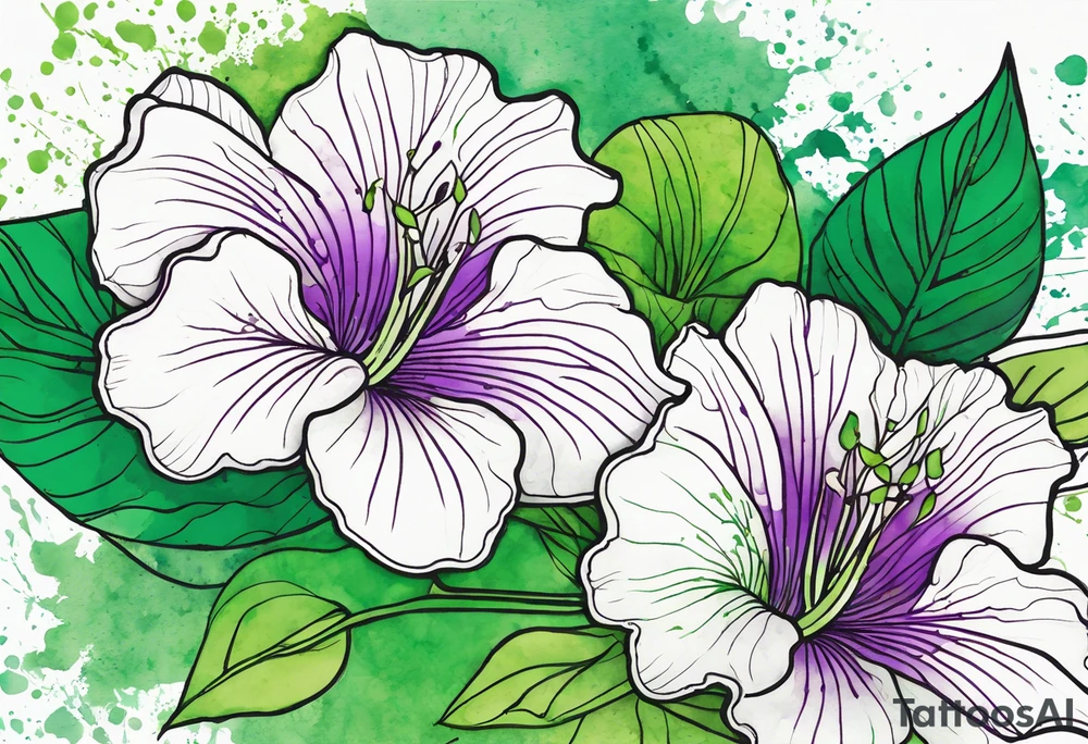 An outline of a green rio dipladenia flower and a green/purple watercolor splatter in the background tattoo idea