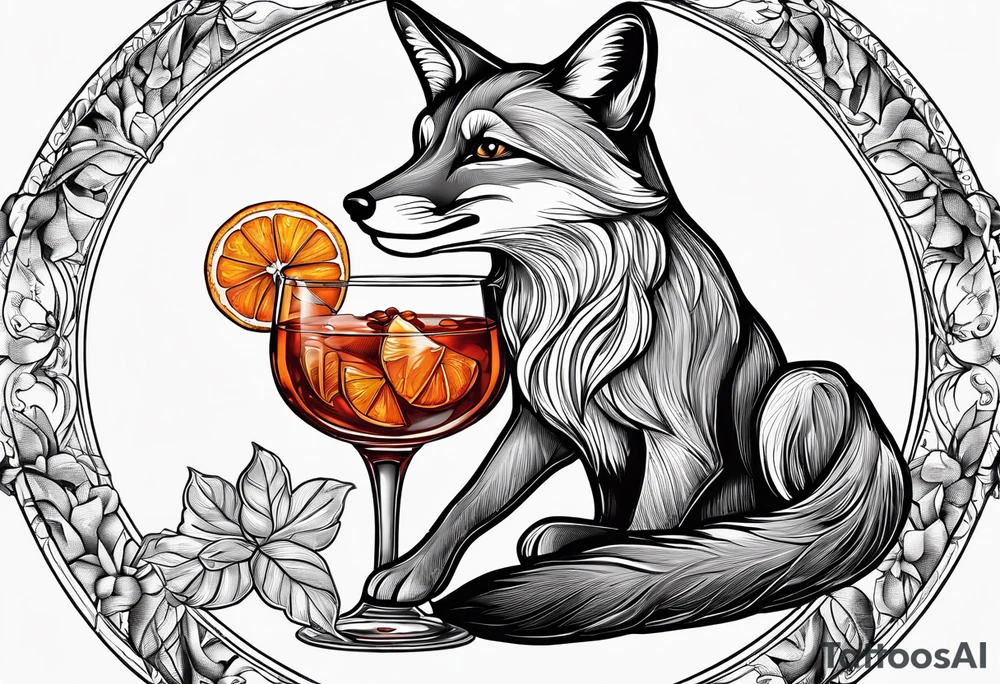 Fox with Negroni in short lowball cocktail glass with ice and orange peel tattoo idea