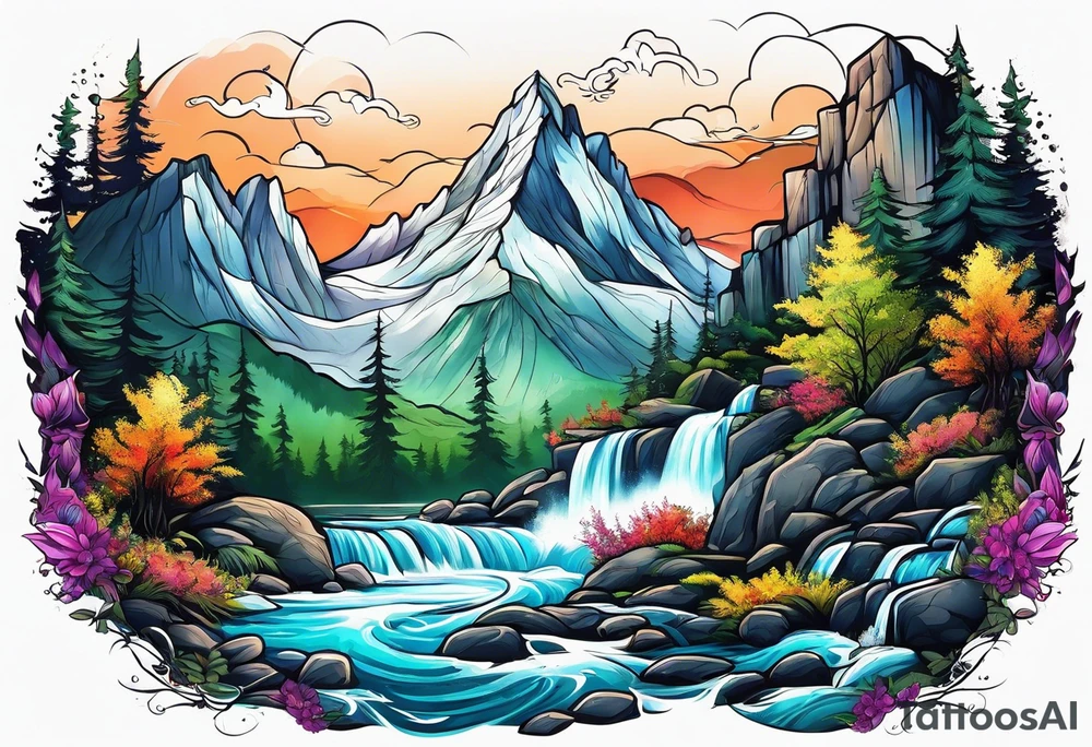 Full sleeve, mountains, river, and waterfall tattoo idea