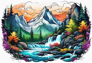 Full sleeve, mountains, river, and waterfall tattoo idea