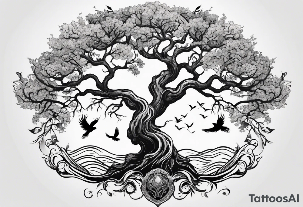 calm oak tree with phoenix and roots and waves and three birds tattoo idea