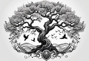 calm oak tree with phoenix and roots and waves and three birds tattoo idea