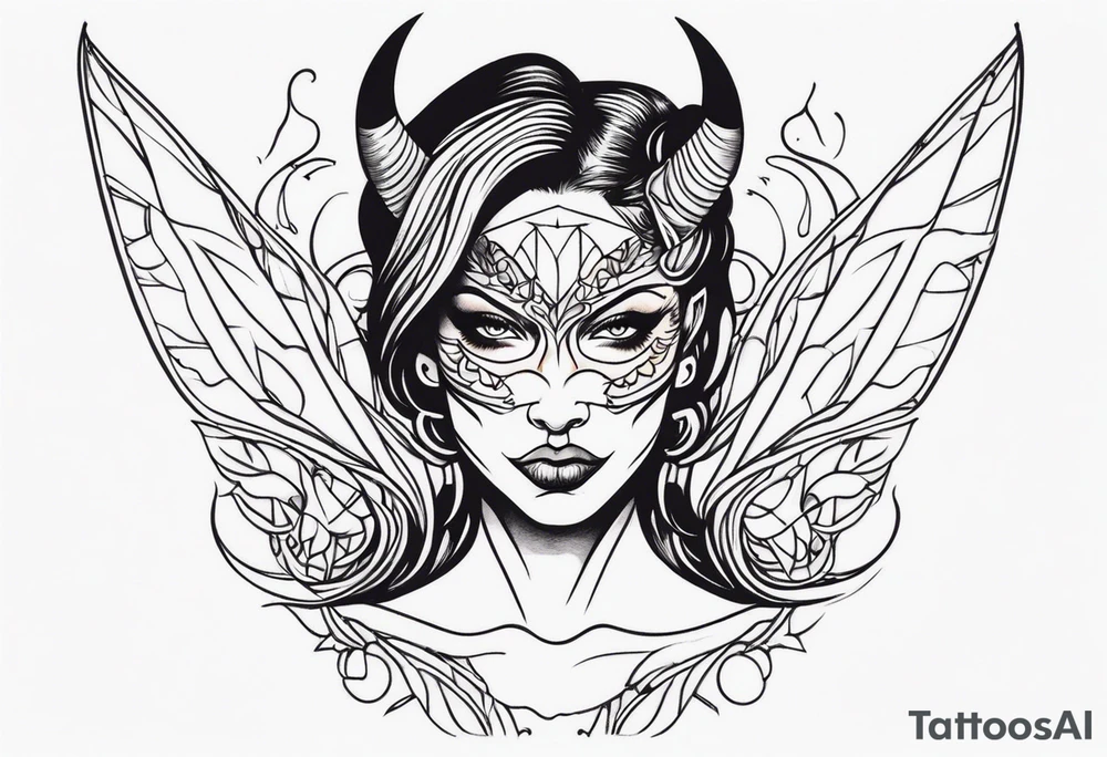 Half devil half woman with blank eyes tattoo idea