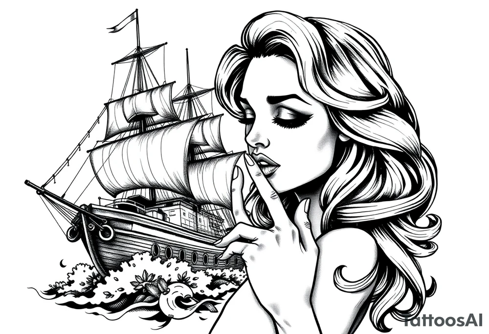 Old school ship and a realistic sexualised woman with her finger to her lips. Must say: Loose lips sink ships tattoo idea