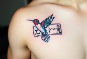 A hummingbird flying through a cartouche (Egyptian nameplate) that spells out a meaningful word like “Life” or “Strength.”(only red , blue and black are possible colors) tattoo idea