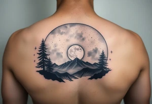 Night sky with a constellations and, stars and moon seen through a frame of natural landscape 
silhouette tattoo idea