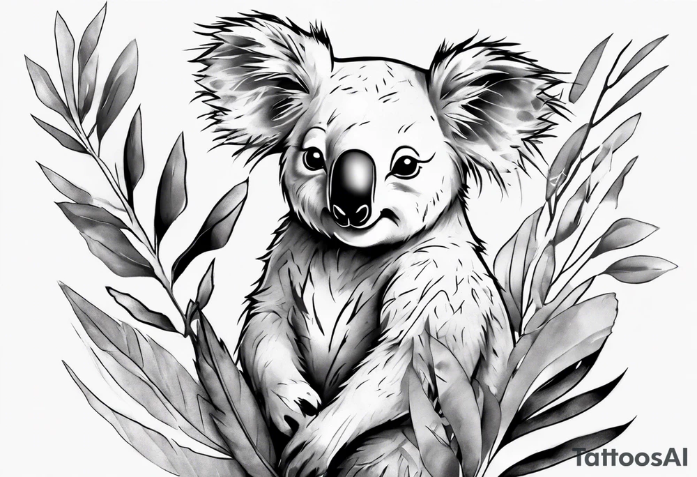 A koala with a kookaburra with eucalyptus leaves and wattle leaves tattoo idea