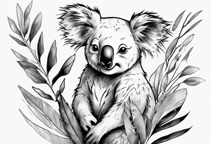 A koala with a kookaburra with eucalyptus leaves and wattle leaves tattoo idea