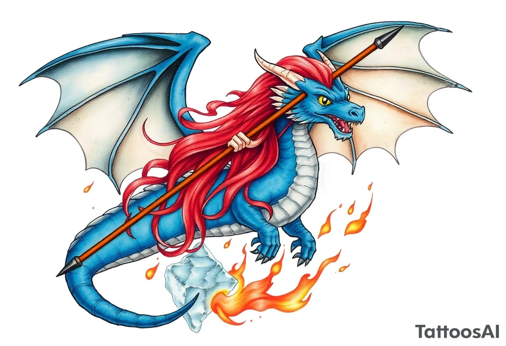 Redheaded girl with a spear through a blue dragon who is breathing fire with wings spread and flying over ice and flames tattoo idea