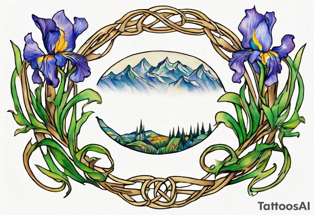 Create a small, colorful Vincent van Gogh Irises tattoo in the form of a crescent, with vines in Celtic knot style gracefully intertwining at a central point in the middle of the wreath. The intended placement is on the upper chest. The middle needs mountains. The overall design should be small in size while maintaining a delicate and artistic aesthetic. Pay attention to the graceful flow of the vines and the placement of the irises to achieve a refined and elegant look. tattoo idea