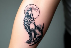 lone wolf howling at full moon with northern lights backdrop tattoo idea
