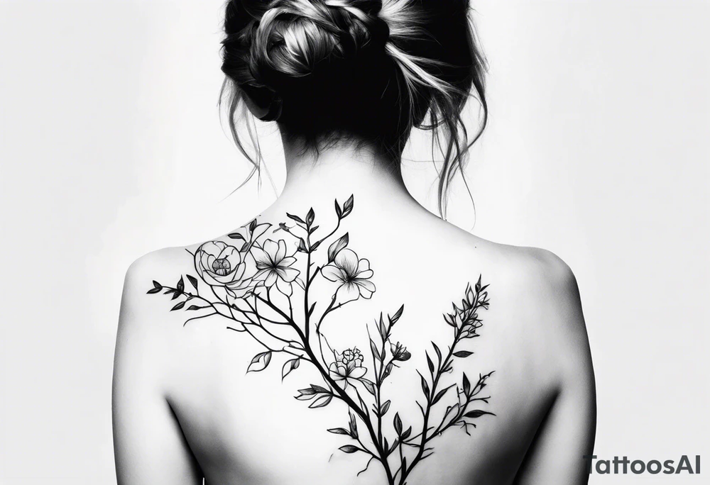 Spine, branches, flowers tattoo idea