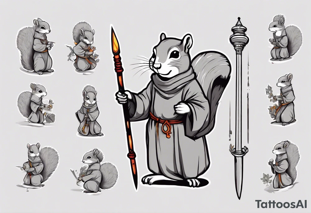 a grey squirrel dressed as a monk holding a silver spear tattoo idea