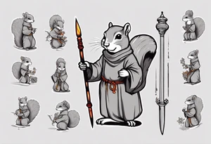 a grey squirrel dressed as a monk holding a silver spear tattoo idea