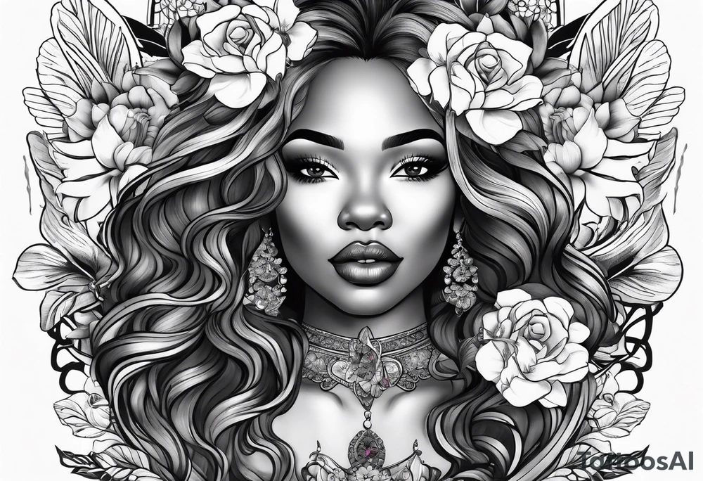 Black women body with a lion, flowers and butterflies tattoo idea