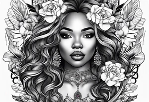 Black women body with a lion, flowers and butterflies tattoo idea