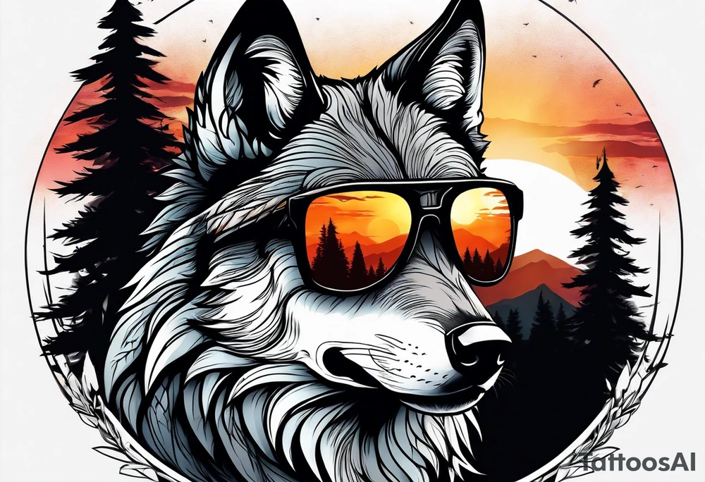 Badass wolf wearing sunglasses
Dark woods
Mountains
Sunset tattoo idea