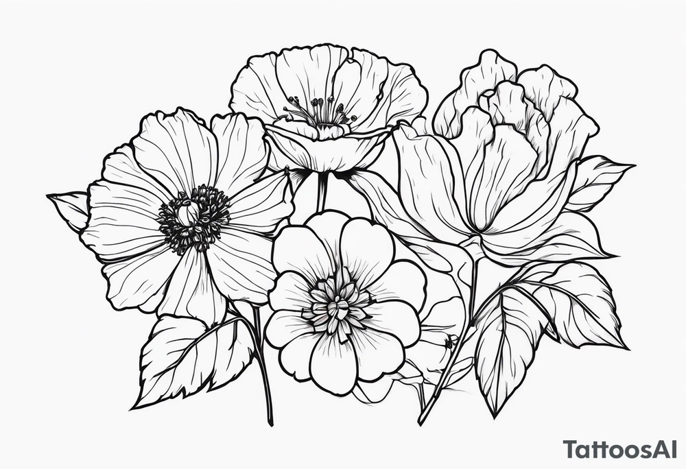 Two carnations, Two daffodils, One snowdrop, One hawthorn flower, Two honeysuckle blooms, One rose, One chrysanthemum, one cosmos, one marigold, one morning glory, one aster tattoo idea