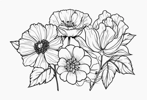 Two carnations, Two daffodils, One snowdrop, One hawthorn flower, Two honeysuckle blooms, One rose, One chrysanthemum, one cosmos, one marigold, one morning glory, one aster tattoo idea