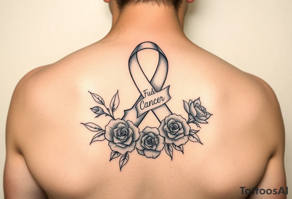 Cancer ribbon that says fuck cancer pretty with roses on arm tattoo idea