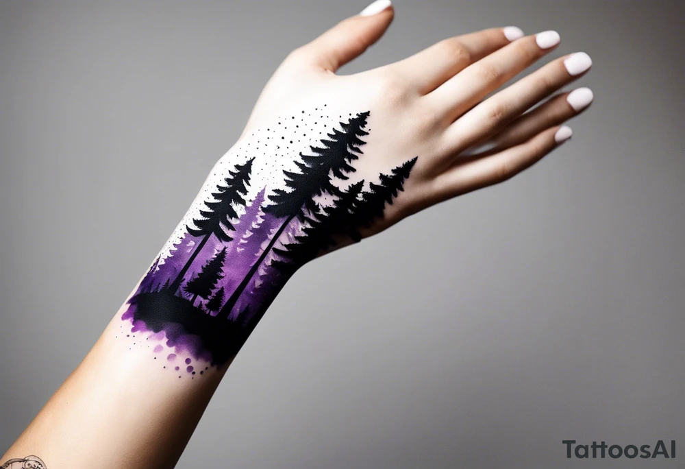 forest, abstract, on hand, no people, purple and black, full, whole wrist wrapped tattoo idea