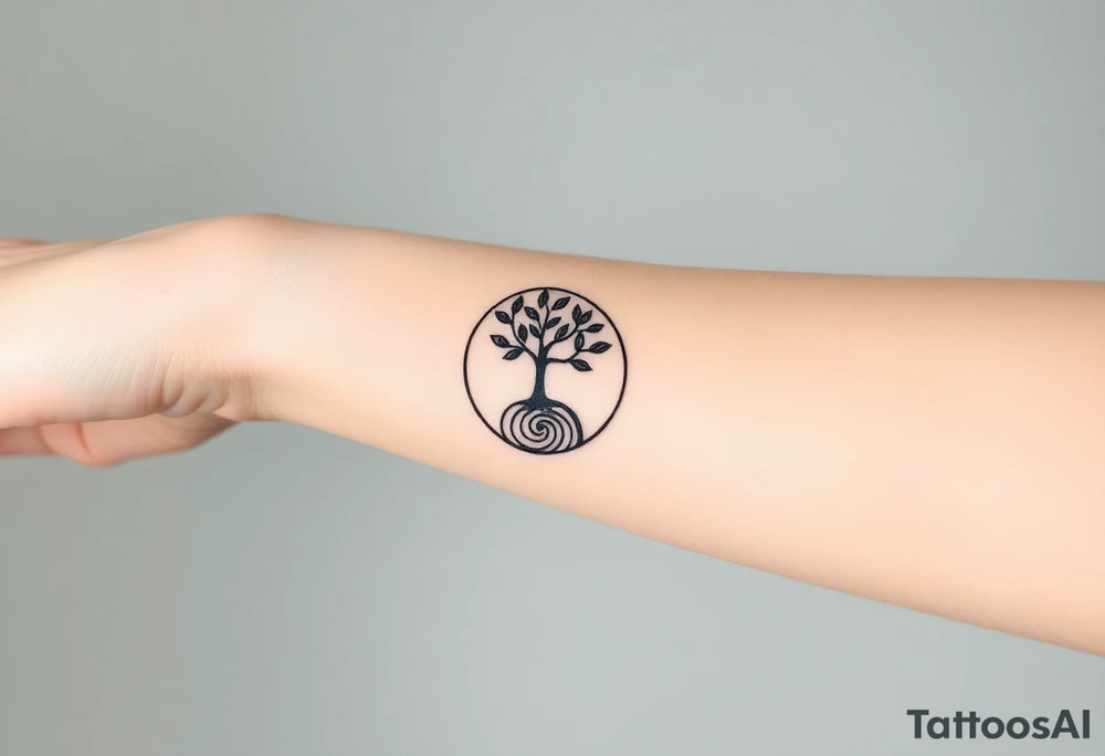 A tree in a circle,
 with fee leaves, with an outward  spiral as its roots tattoo idea