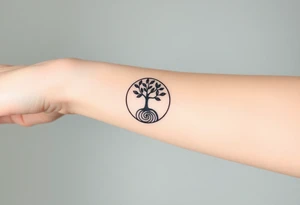 A tree in a circle,
 with fee leaves, with an outward  spiral as its roots tattoo idea