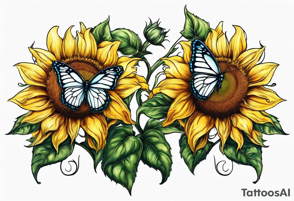2 sunflowers on top of eachother with a butterfly underneath them tattoo idea