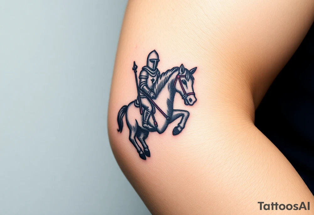 2d medieval woodcut knight on a childs hobby horse head stick toy tattoo idea