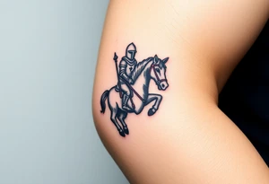 2d medieval woodcut knight on a childs hobby horse head stick toy tattoo idea