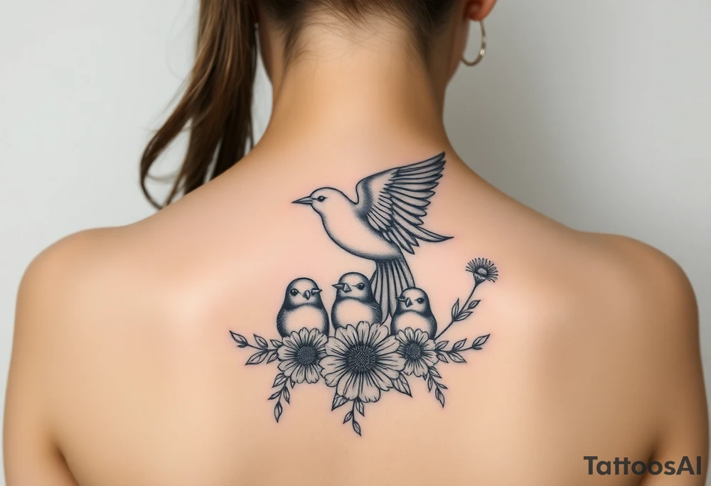Mom bird and three baby birds with flowers tattoo idea
