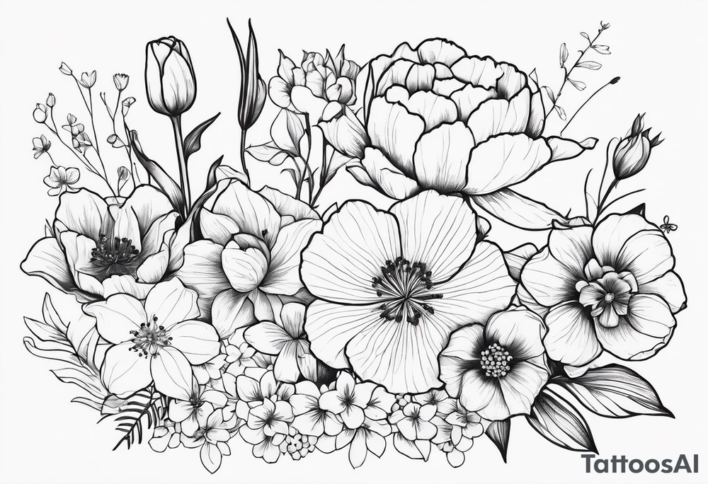 HydrANGEAS, TULIPS, LILLIES, DRAGONflower, with wildflowers, poppy, complimentary flowers, bees, peony, forearm tattoo idea