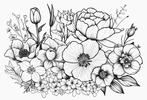 HydrANGEAS, TULIPS, LILLIES, DRAGONflower, with wildflowers, poppy, complimentary flowers, bees, peony, forearm tattoo idea