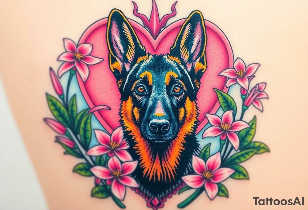 realistic german shepherd with alert ears looking protective surrounded by pink lilies with leaves in front of a sacred heart tattoo idea