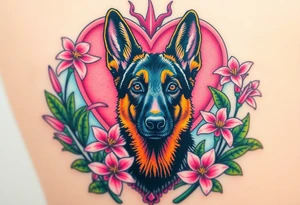 realistic german shepherd with alert ears looking protective surrounded by pink lilies with leaves in front of a sacred heart tattoo idea