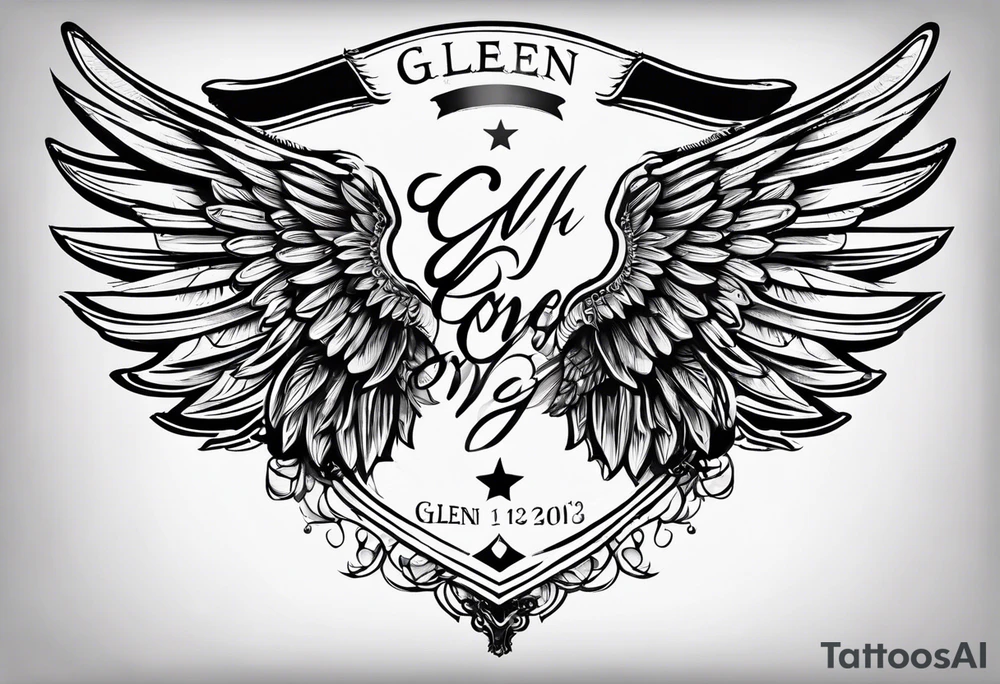 Simple tattoo with the word Glenn on a banner and angel wings tattoo idea